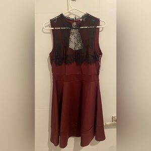 Maroon Dress w. Black Lace Neckline